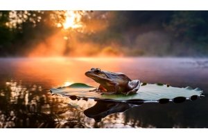 Frog on a lily pad in a peaceful swamp