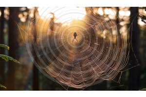 Spider weaving a web in morning dew, everything is frequency