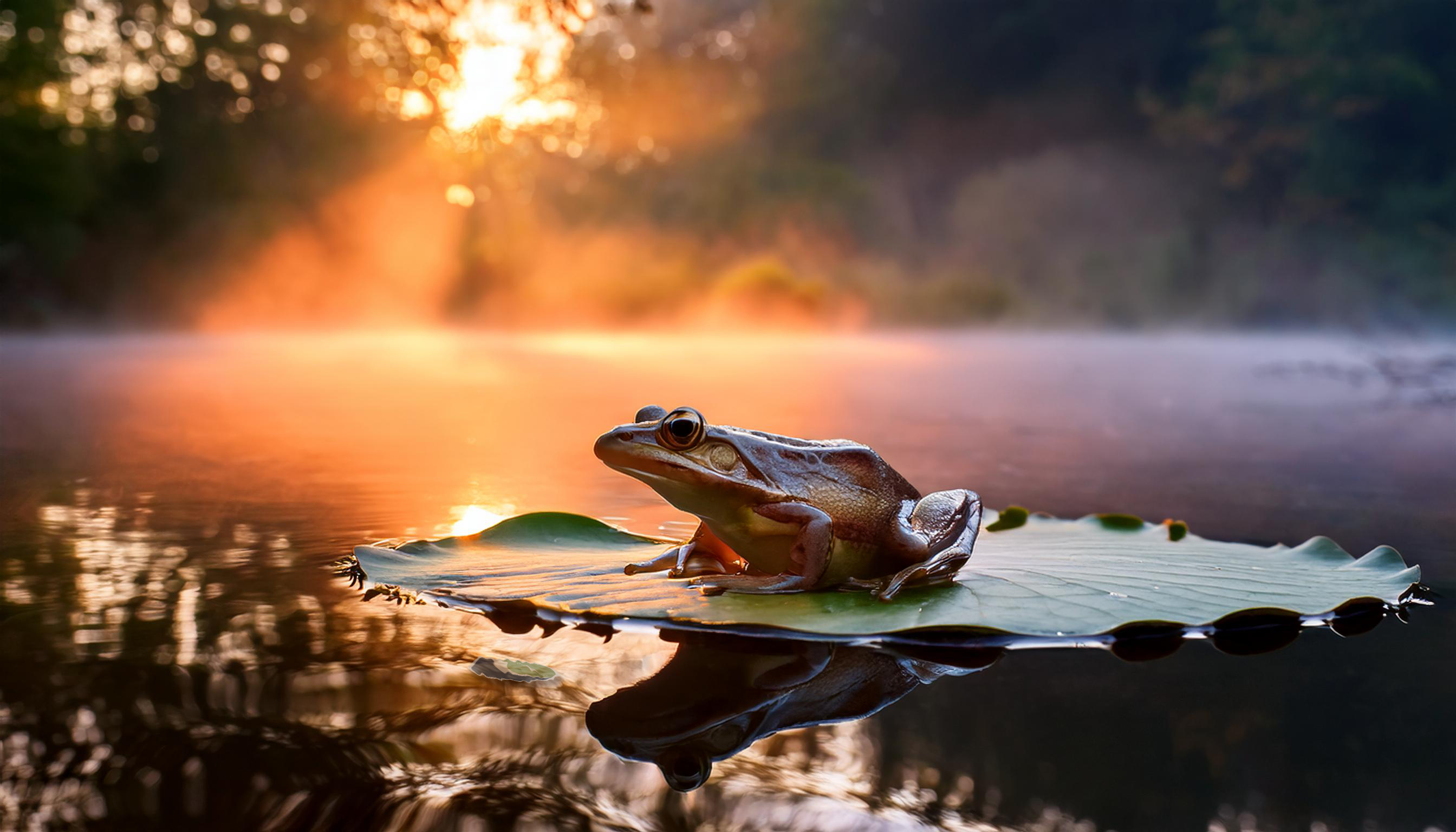 Frog on a lily pad in a peaceful swamp