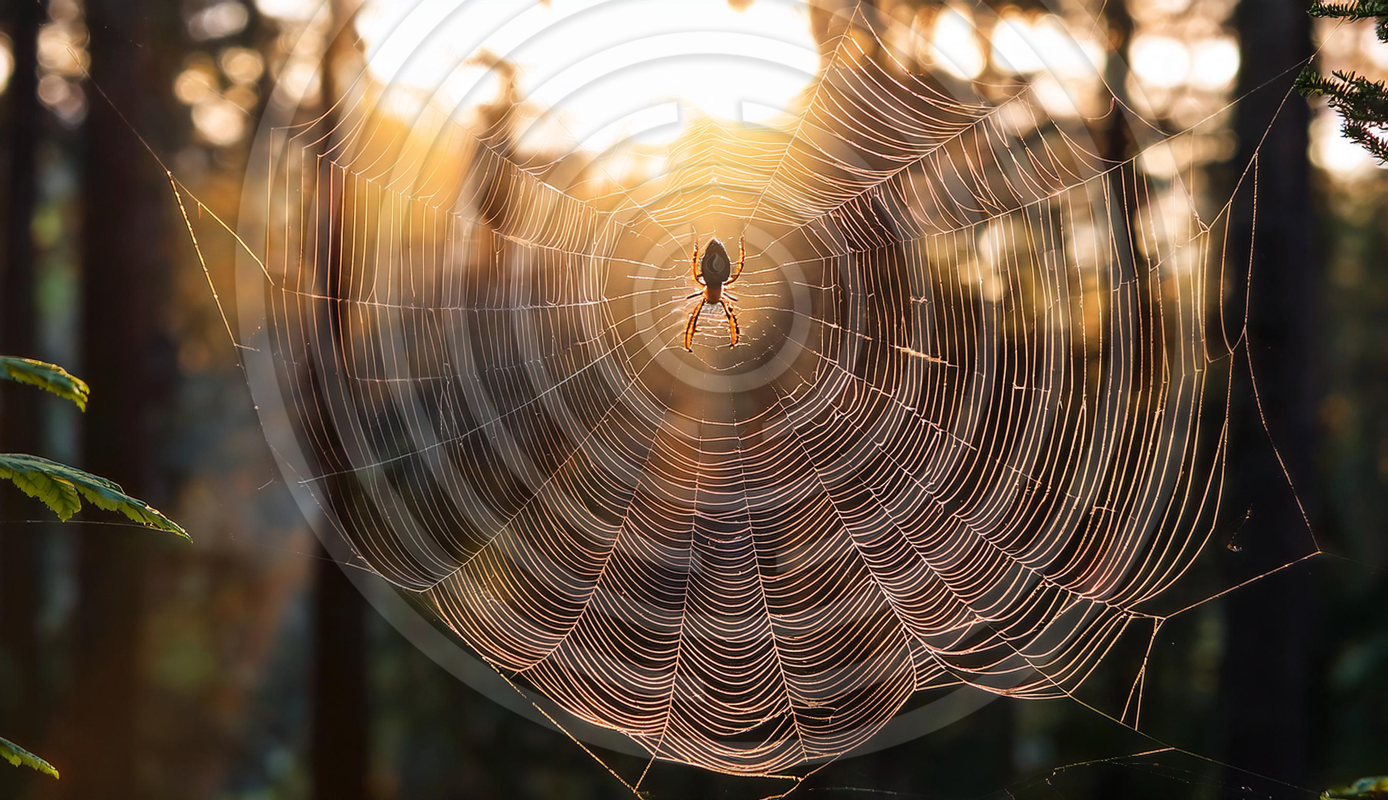 Spider weaving a web in morning dew, everything is frequency